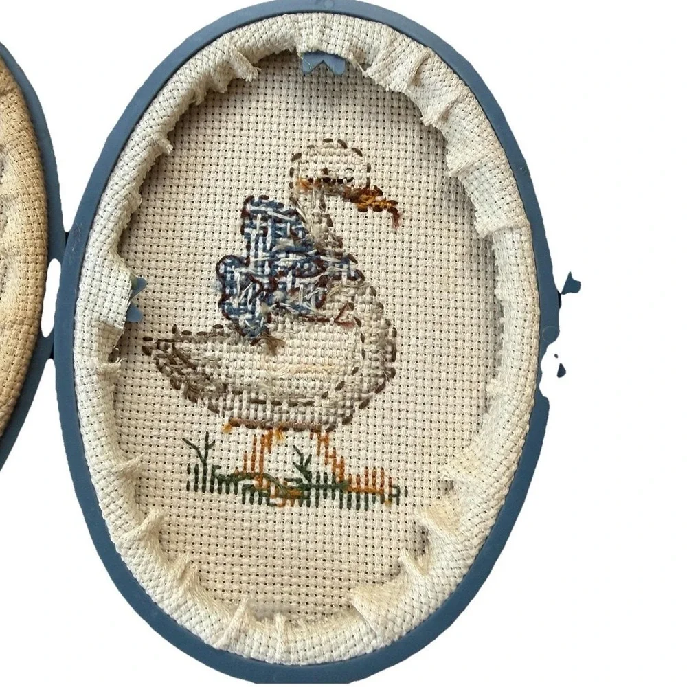 Vintage Hand Embroidered Country Goose Wall Art‎ Blue Frame Cottagecore Decor
